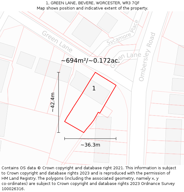 1, GREEN LANE, BEVERE, WORCESTER, WR3 7QF: Plot and title map