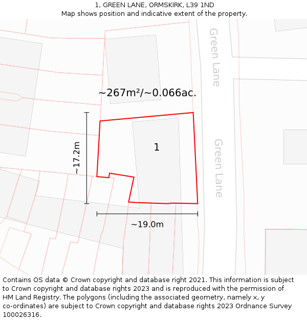 1, GREEN LANE, ORMSKIRK, L39 1ND: Plot and title map