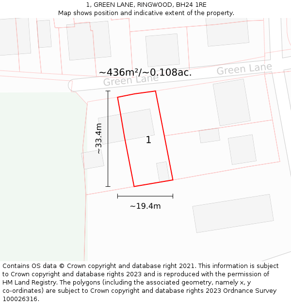 1, GREEN LANE, RINGWOOD, BH24 1RE: Plot and title map