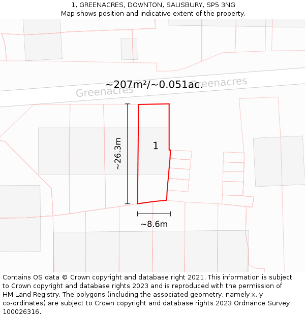 1, GREENACRES, DOWNTON, SALISBURY, SP5 3NG: Plot and title map