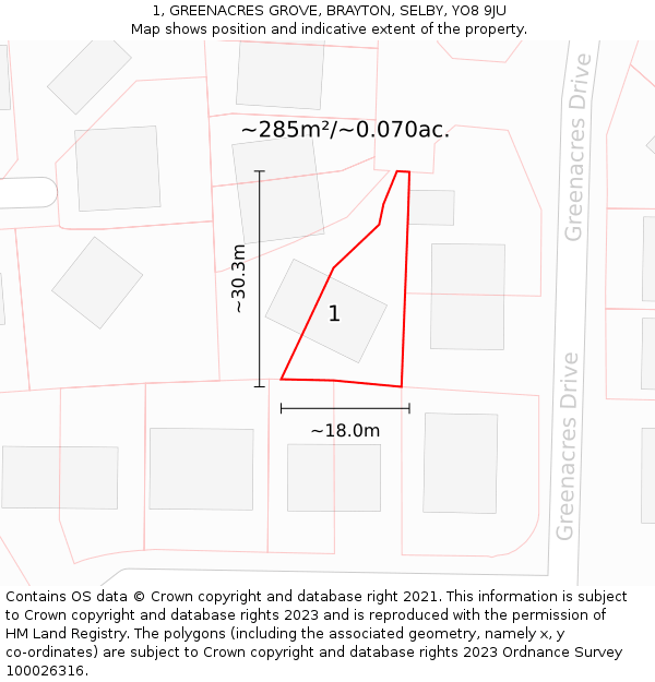 1, GREENACRES GROVE, BRAYTON, SELBY, YO8 9JU: Plot and title map