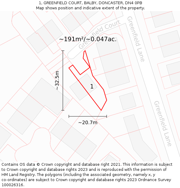 1, GREENFIELD COURT, BALBY, DONCASTER, DN4 0PB: Plot and title map