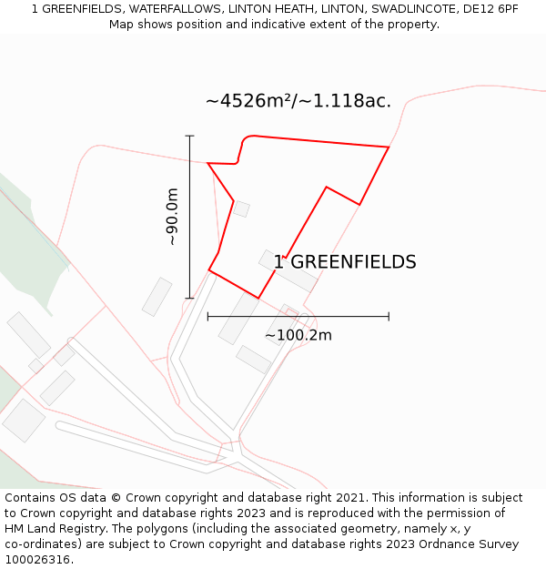 1 GREENFIELDS, WATERFALLOWS, LINTON HEATH, LINTON, SWADLINCOTE, DE12 6PF: Plot and title map