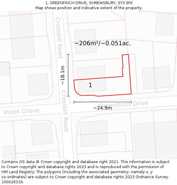 1, GREENFINCH DRIVE, SHREWSBURY, SY3 9FE: Plot and title map