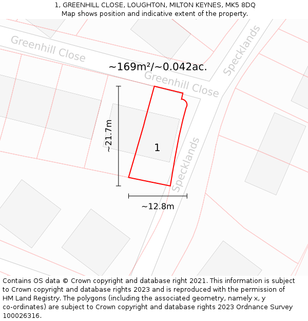 1, GREENHILL CLOSE, LOUGHTON, MILTON KEYNES, MK5 8DQ: Plot and title map