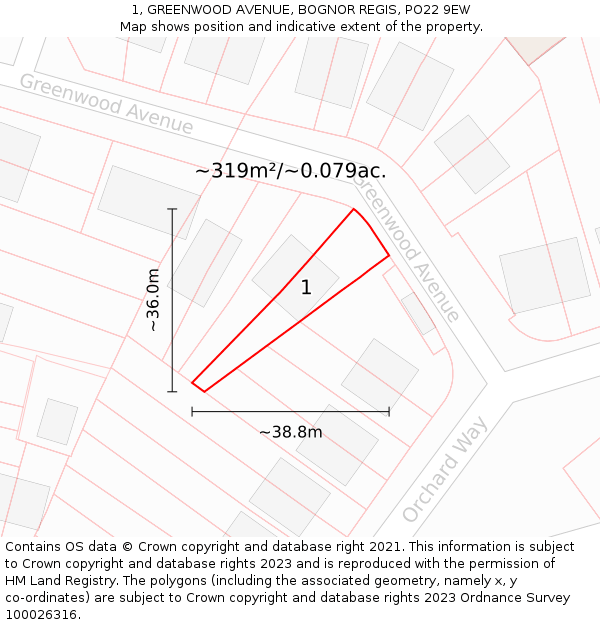 1, GREENWOOD AVENUE, BOGNOR REGIS, PO22 9EW: Plot and title map