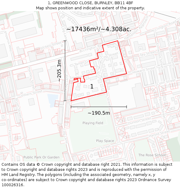 1, GREENWOOD CLOSE, BURNLEY, BB11 4BF: Plot and title map