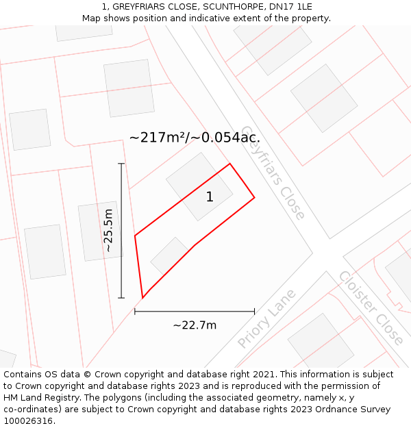 1, GREYFRIARS CLOSE, SCUNTHORPE, DN17 1LE: Plot and title map