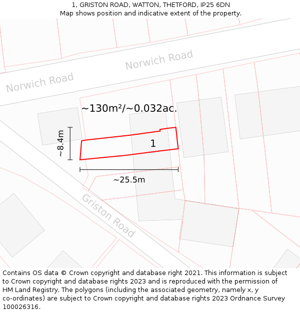 1, GRISTON ROAD, WATTON, THETFORD, IP25 6DN: Plot and title map