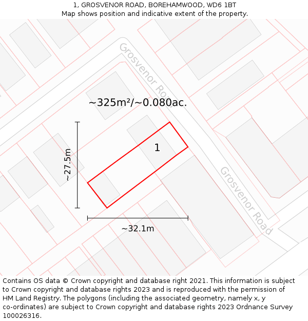 1, GROSVENOR ROAD, BOREHAMWOOD, WD6 1BT: Plot and title map