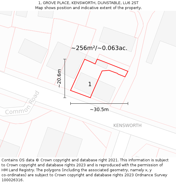 1, GROVE PLACE, KENSWORTH, DUNSTABLE, LU6 2ST: Plot and title map