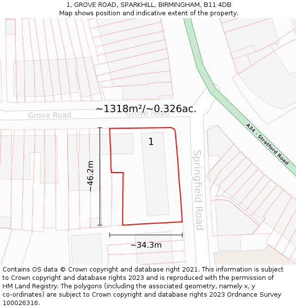 1, GROVE ROAD, SPARKHILL, BIRMINGHAM, B11 4DB: Plot and title map