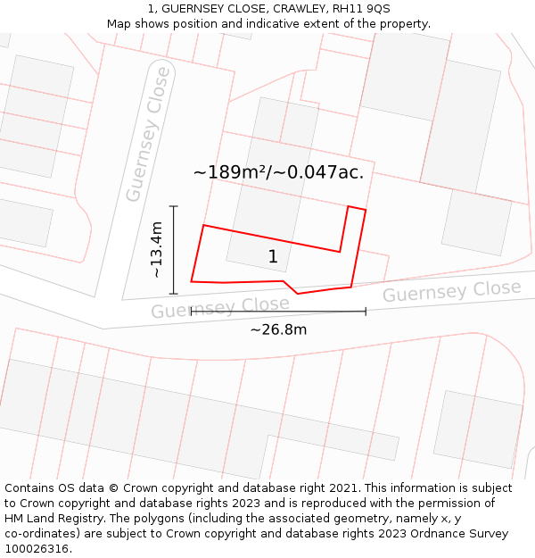 1, GUERNSEY CLOSE, CRAWLEY, RH11 9QS: Plot and title map