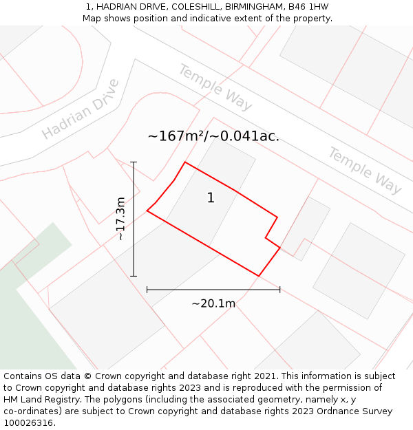 1, HADRIAN DRIVE, COLESHILL, BIRMINGHAM, B46 1HW: Plot and title map