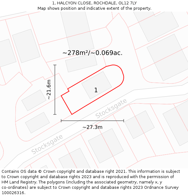 1, HALCYON CLOSE, ROCHDALE, OL12 7LY: Plot and title map