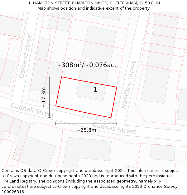 1, HAMILTON STREET, CHARLTON KINGS, CHELTENHAM, GL53 8HN: Plot and title map