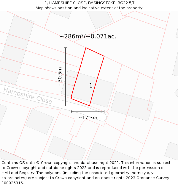 1, HAMPSHIRE CLOSE, BASINGSTOKE, RG22 5JT: Plot and title map