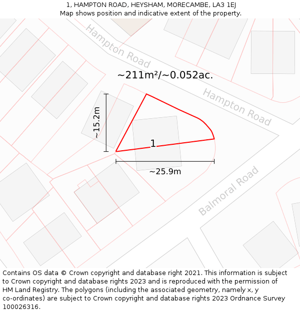 1, HAMPTON ROAD, HEYSHAM, MORECAMBE, LA3 1EJ: Plot and title map