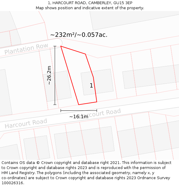 1, HARCOURT ROAD, CAMBERLEY, GU15 3EP: Plot and title map
