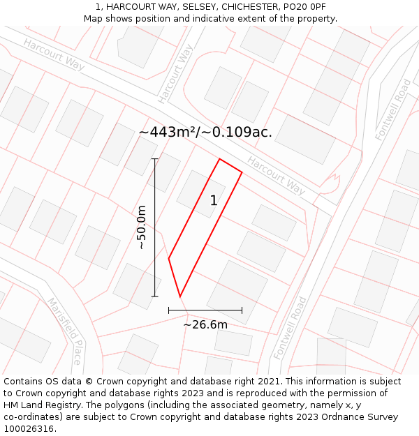 1, HARCOURT WAY, SELSEY, CHICHESTER, PO20 0PF: Plot and title map