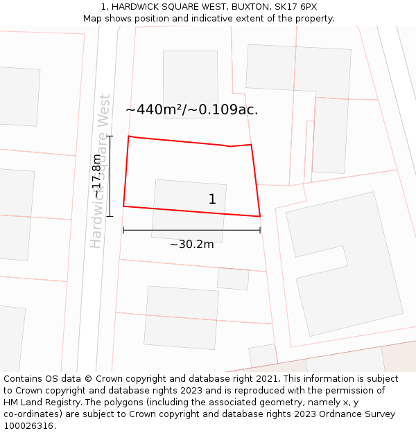 1, HARDWICK SQUARE WEST, BUXTON, SK17 6PX: Plot and title map