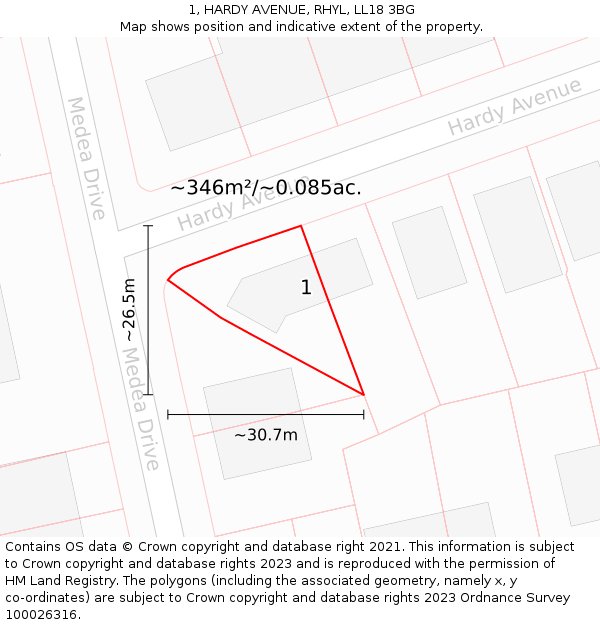 1, HARDY AVENUE, RHYL, LL18 3BG: Plot and title map