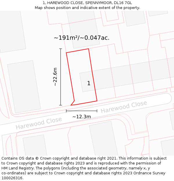 1, HAREWOOD CLOSE, SPENNYMOOR, DL16 7GL: Plot and title map