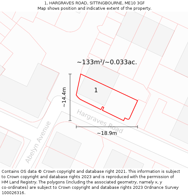 1, HARGRAVES ROAD, SITTINGBOURNE, ME10 3GF: Plot and title map