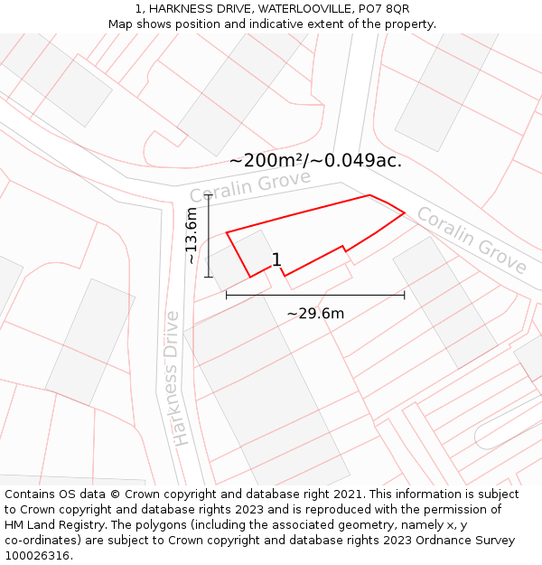 1, HARKNESS DRIVE, WATERLOOVILLE, PO7 8QR: Plot and title map