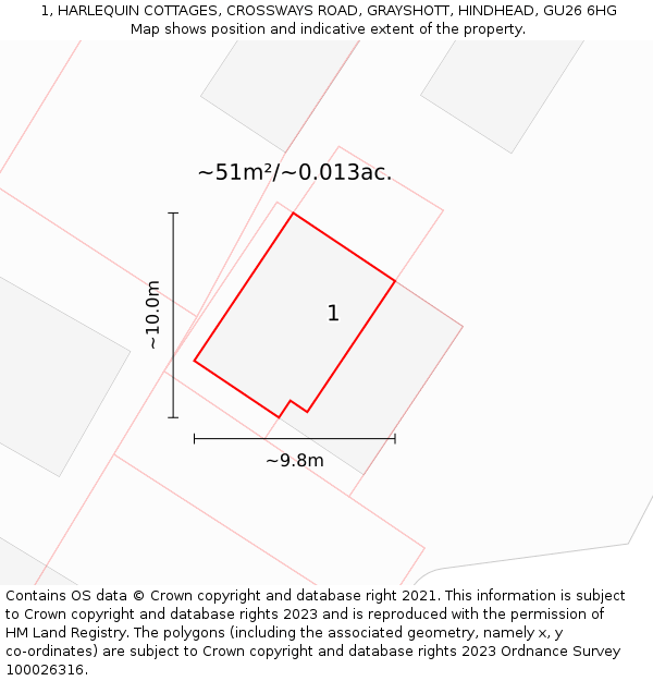 1, HARLEQUIN COTTAGES, CROSSWAYS ROAD, GRAYSHOTT, HINDHEAD, GU26 6HG: Plot and title map