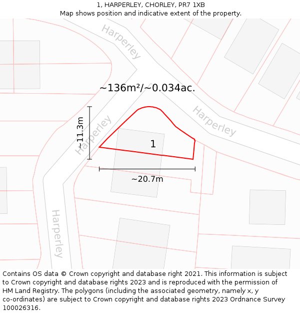 1, HARPERLEY, CHORLEY, PR7 1XB: Plot and title map