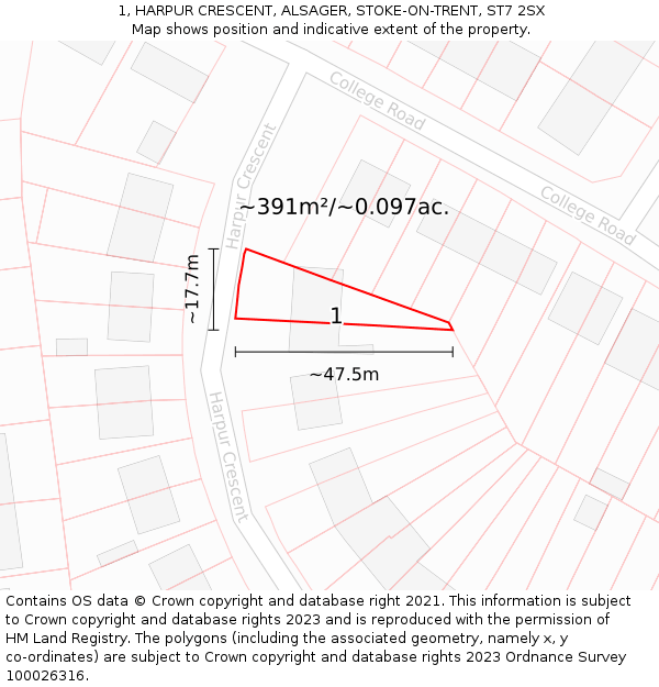 1, HARPUR CRESCENT, ALSAGER, STOKE-ON-TRENT, ST7 2SX: Plot and title map