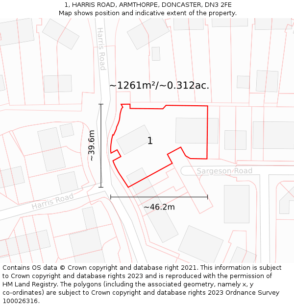 1, HARRIS ROAD, ARMTHORPE, DONCASTER, DN3 2FE: Plot and title map