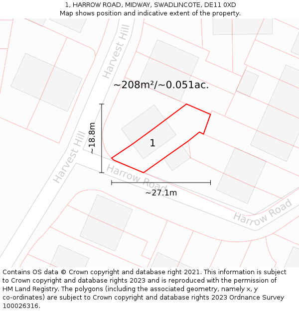 1, HARROW ROAD, MIDWAY, SWADLINCOTE, DE11 0XD: Plot and title map