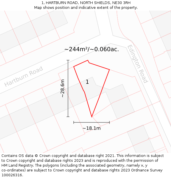 1, HARTBURN ROAD, NORTH SHIELDS, NE30 3RH: Plot and title map