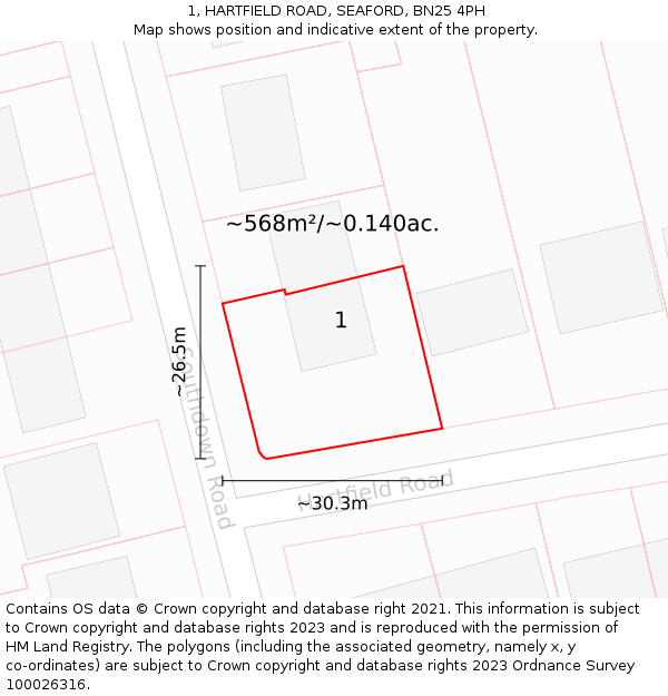 1, HARTFIELD ROAD, SEAFORD, BN25 4PH: Plot and title map