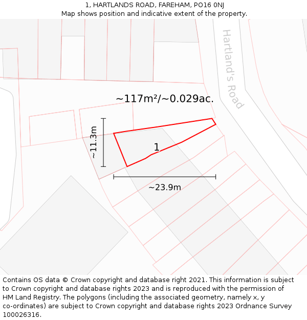 1, HARTLANDS ROAD, FAREHAM, PO16 0NJ: Plot and title map