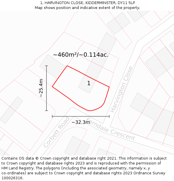 1, HARVINGTON CLOSE, KIDDERMINSTER, DY11 5LP: Plot and title map