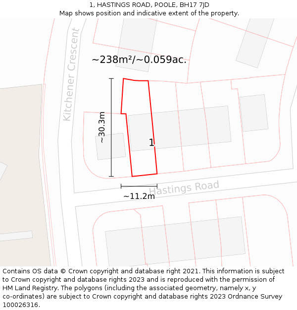 1, HASTINGS ROAD, POOLE, BH17 7JD: Plot and title map