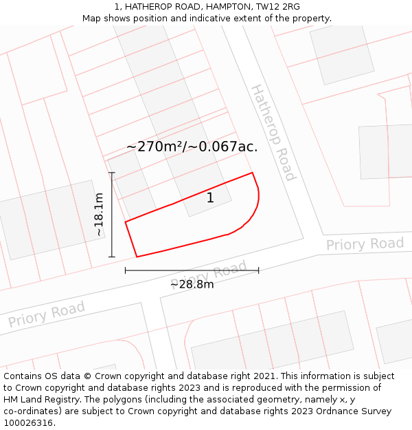 1, HATHEROP ROAD, HAMPTON, TW12 2RG: Plot and title map