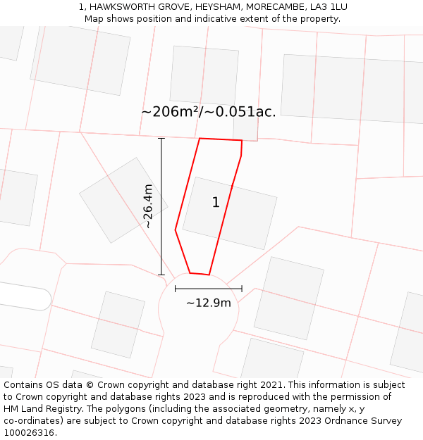 1, HAWKSWORTH GROVE, HEYSHAM, MORECAMBE, LA3 1LU: Plot and title map