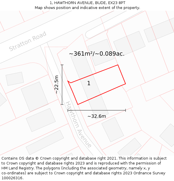 1, HAWTHORN AVENUE, BUDE, EX23 8PT: Plot and title map