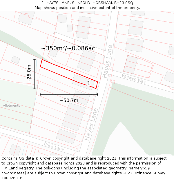 1, HAYES LANE, SLINFOLD, HORSHAM, RH13 0SQ: Plot and title map