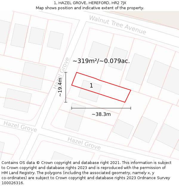 1, HAZEL GROVE, HEREFORD, HR2 7JX: Plot and title map