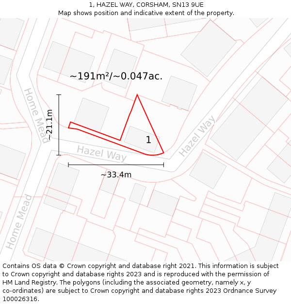 1, HAZEL WAY, CORSHAM, SN13 9UE: Plot and title map