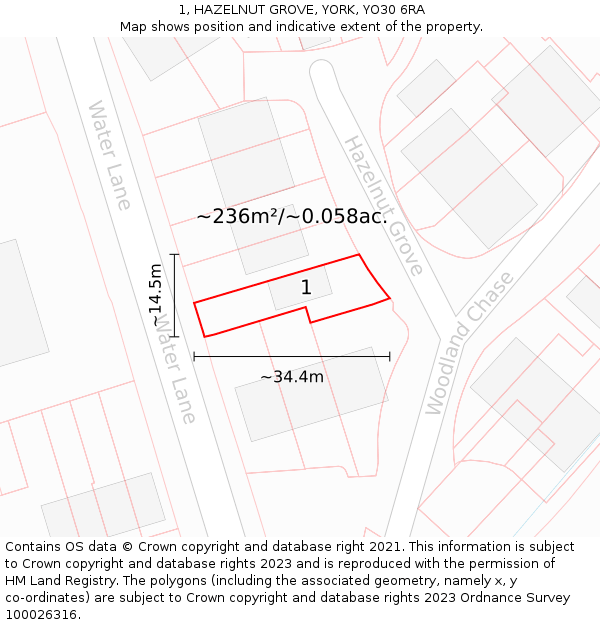 1, HAZELNUT GROVE, YORK, YO30 6RA: Plot and title map