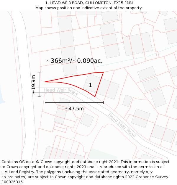 1, HEAD WEIR ROAD, CULLOMPTON, EX15 1NN: Plot and title map