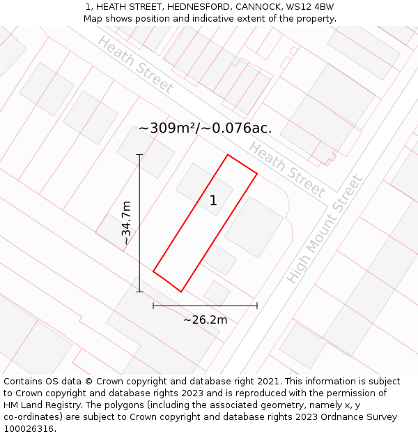 1, HEATH STREET, HEDNESFORD, CANNOCK, WS12 4BW: Plot and title map