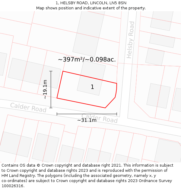 1, HELSBY ROAD, LINCOLN, LN5 8SN: Plot and title map