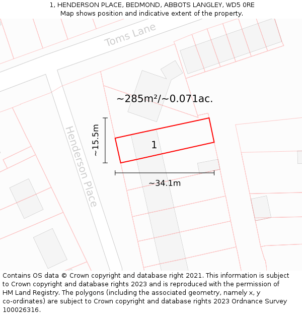 1, HENDERSON PLACE, BEDMOND, ABBOTS LANGLEY, WD5 0RE: Plot and title map